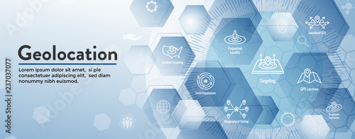 Geo Location Targeting with GPS Positioning and Geolocation Icon Set web Header Banner