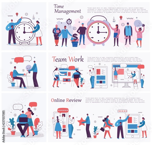 Vector illustrations of the office concept business people in the flat style. E-commerce, time management, start up, digital marketing and mobile advertising business concept. - Vector