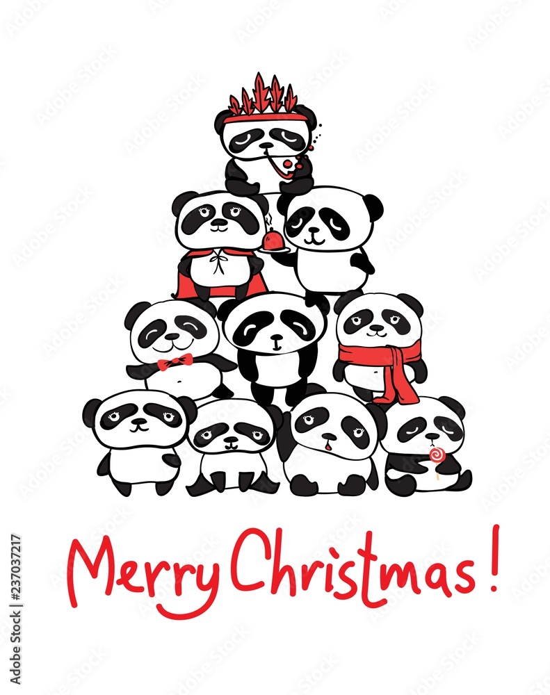 Vector illustrations of the christmas tree with the pandas with christmas gifts and hand drawn text Merry Christmas Vector illustrations of the christmas tree with the pandas with christmas gifts and hand drawn text Merry Christmas