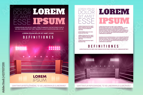 Vector brochure with boxing ring for competition, tournament. Booklet with illuminated sports area for fighting, dangerous sport. Empty arena with shining spotlights, ropes. Leaflet with coming match.