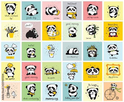 Big set of vector cards with cute pandas and funny quotes for kid's interiors, banners and posters. - Vector © virinaflora