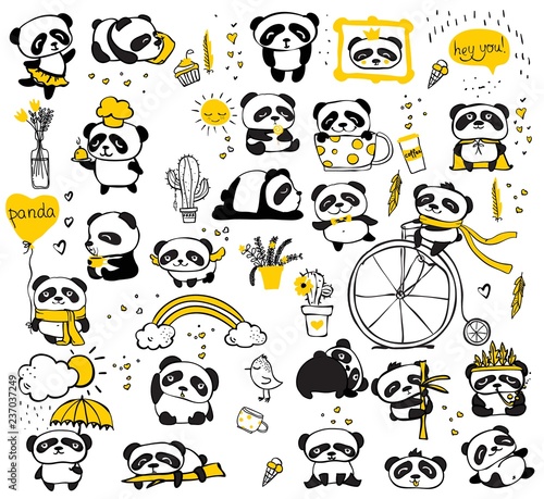 Fototapeta Naklejka Na Ścianę i Meble -  Panda doodle kid set. Simple design of cute pandas perfect for kid's card, banners, stickers and other kid's things. - Vector