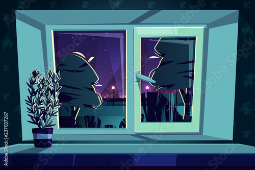 Vector sill rail with a plastic window at night, rosemary on a windowsill. Green plant for the home garden, kailyard. Plastic frame with glass, star background. Empty dark room wallpaper.