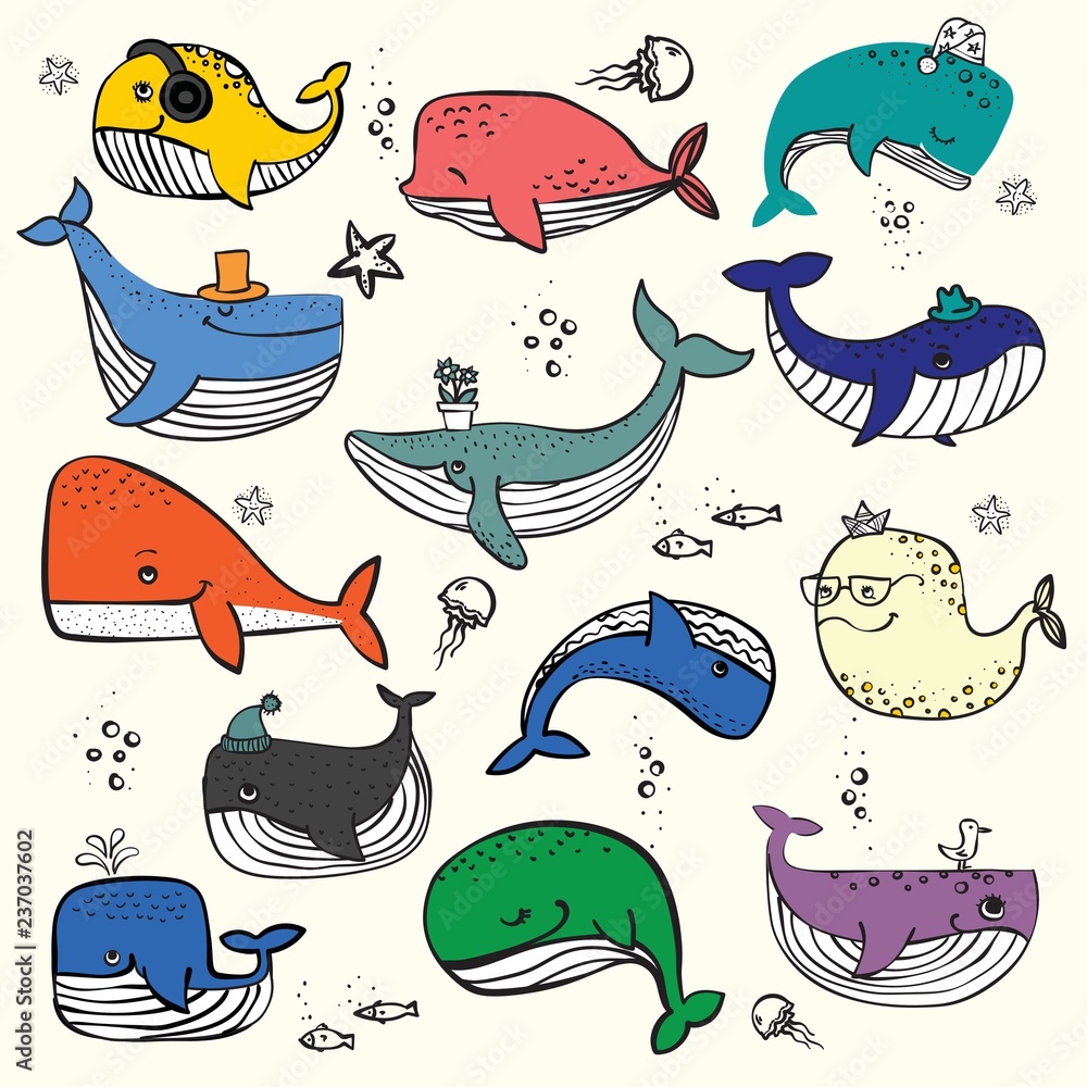 Naklejka premium Ilustracja wektorowa z ładny wielorybów oceanicznych w kolorze i innych mieszkańców morza - wektor
