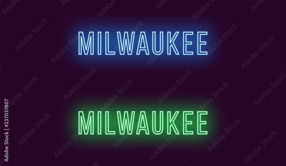 Neon name of Milwaukee city in USA. Vector text Neon name of Milwaukee city in USA. Vector text