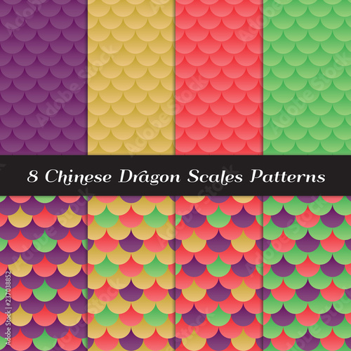 Chinese Dragon Scales Vector Patterns in Red, Gold, Green and Purple Colors. Repeating Pattern Tile Swatches Included.