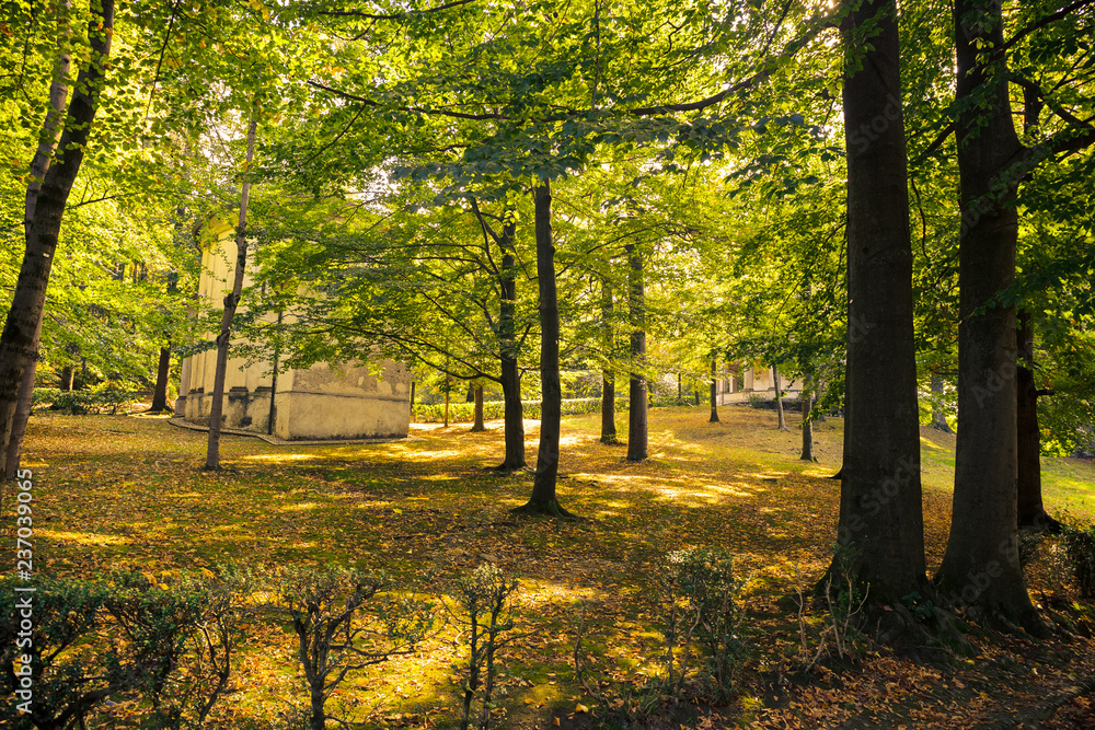 Naklejka premium Panoramic view of the seventeenth-century baroque chapels, dedicated to the life of St. Francis of Assisi, in the park of the Orta sanctuary on Lake Orta in Piedmont, Italy.