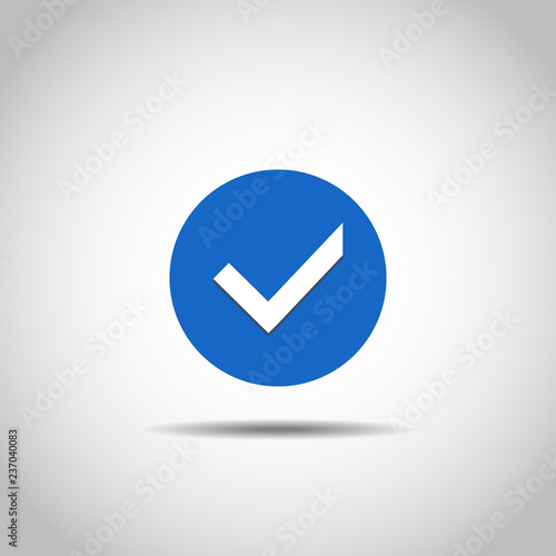 OK Button Icon. Blue icon of accept sign. Shadow and isolated on white