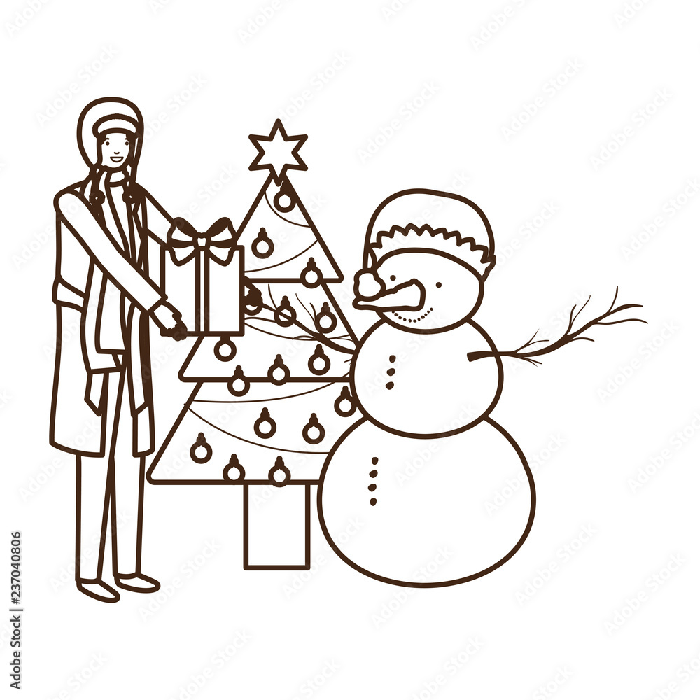 man with christmas tree and snowman man with christmas tree and snowman