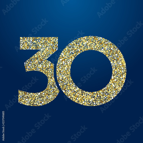 30 th years old logotype. Isolated golden color abstract dot graphic symbol of 30%. Shiny straight elegant cut label design template. Round shape digits, up to -30 % percent off sign. Discount emblem.