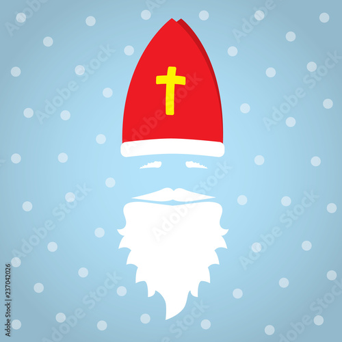 Saint Nicholas on blue background with dots as snowflake and shadow. Greeting Card. Flat design vector illustration.