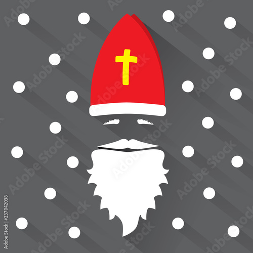 Saint Nicholas on black background with dots as snowflake and shadow. Greeting Card. Flat design vector illustration.
