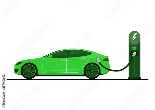 Green electric car on charging station. Electric car in use. Side view. Flat vector.