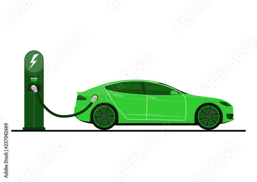 Green electric car on charging station. Electric car in use. Side view. Flat vector.