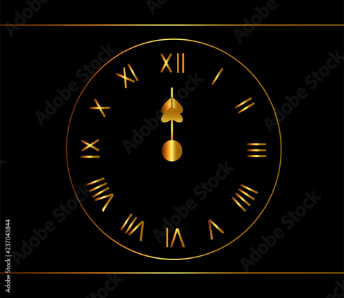 Gold clock, midnight, noon background