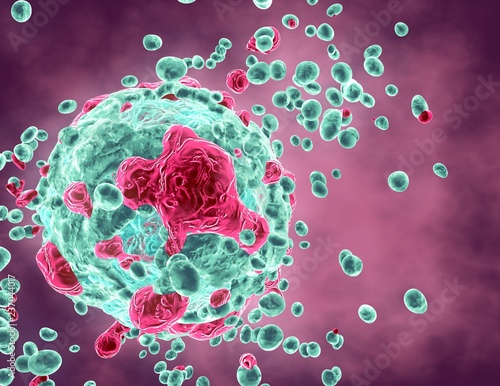 Cancerous tissue destroying human cell, tumor concept illustration.