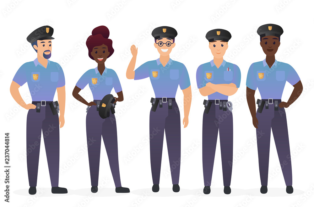 Group of police officers people. Man and woman security guards cops characters vector illustration.
