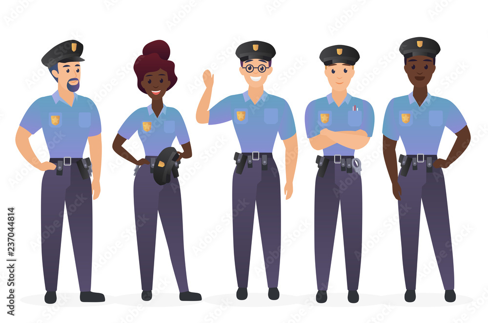 Group of police officers people. Man and woman security guards cops characters vector illustration. Group of police officers people. Man and woman security guards cops characters vector illustration.