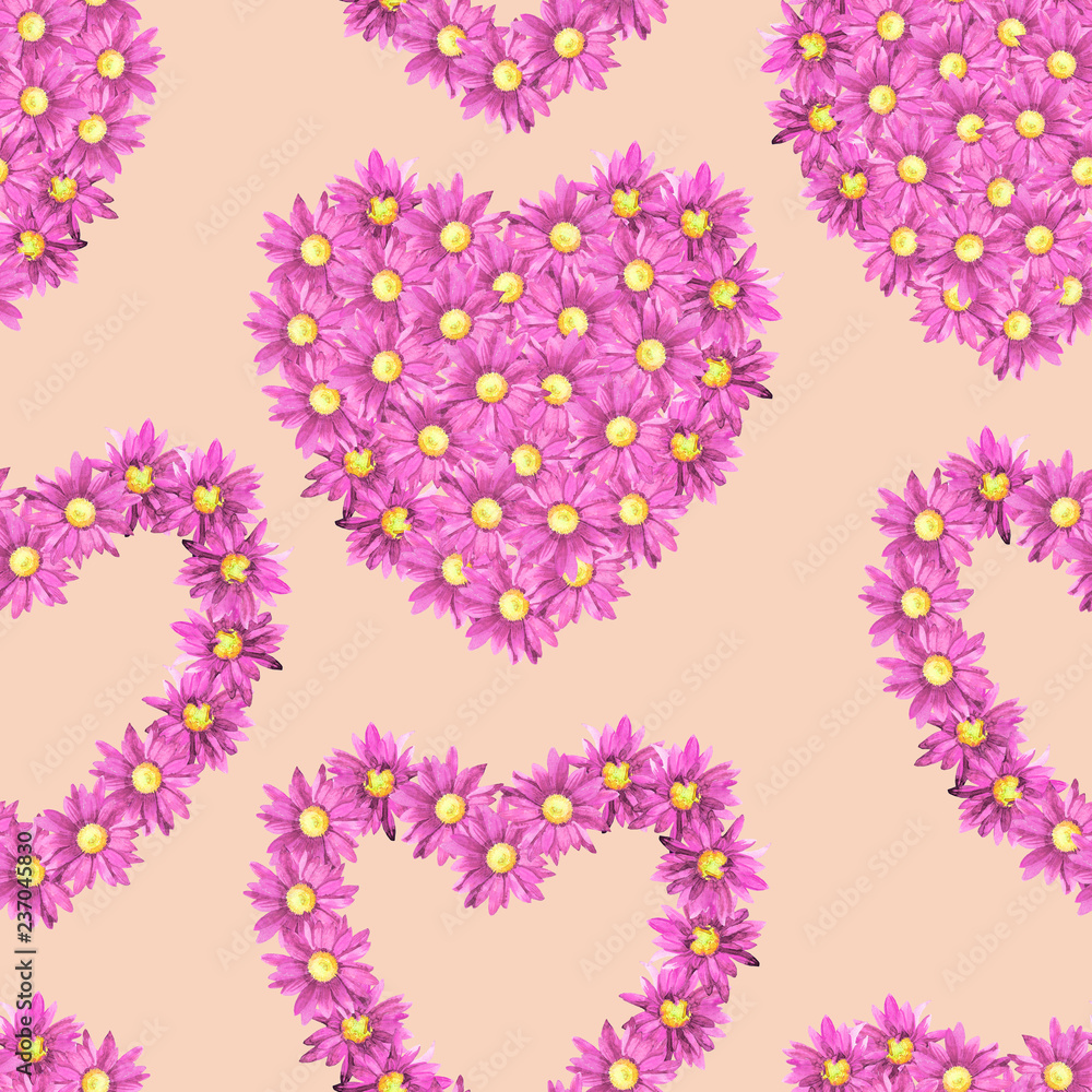 Watercolor seamless pattern for Valentine's day, hearts of chrysanthemum flowers.