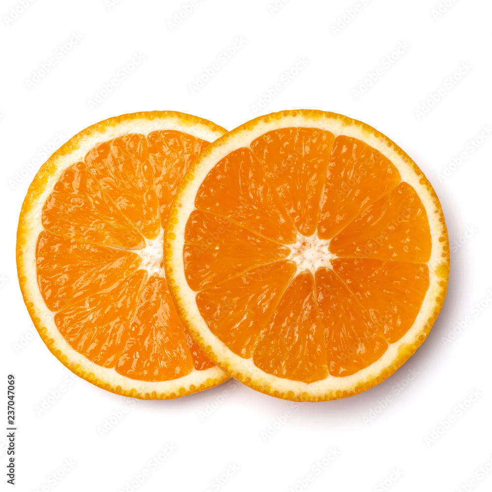 Orange fruit slice isolated on white background closeup. Food background. Flat lay, top view. Orange fruit slice isolated on white background closeup. Food background. Flat lay, top view.