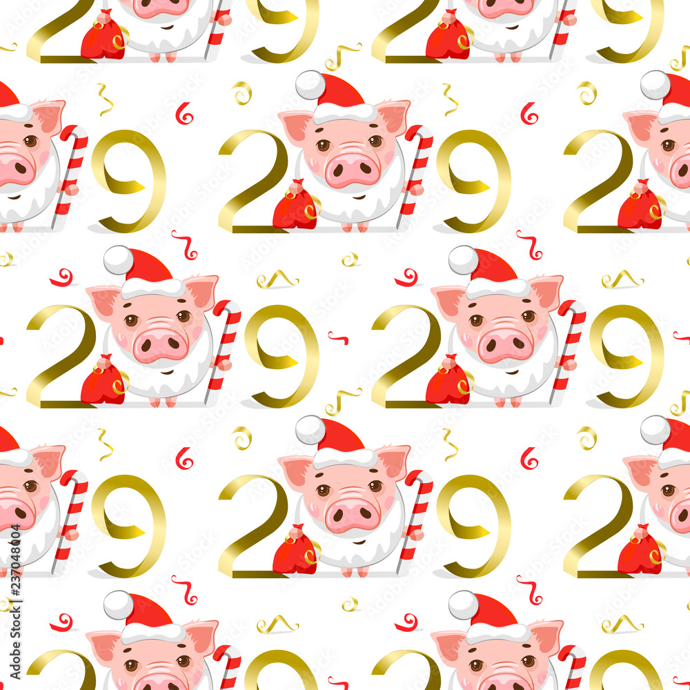 Seamless pattern Pig with Santa Claus hat and beard. symbol of success, numbers 2019. Nice wrapping paper or textile repeatable print. Seamless pattern Pig with Santa Claus hat and beard. symbol of success, numbers 2019. Nice wrapping paper or textile repeatable print.