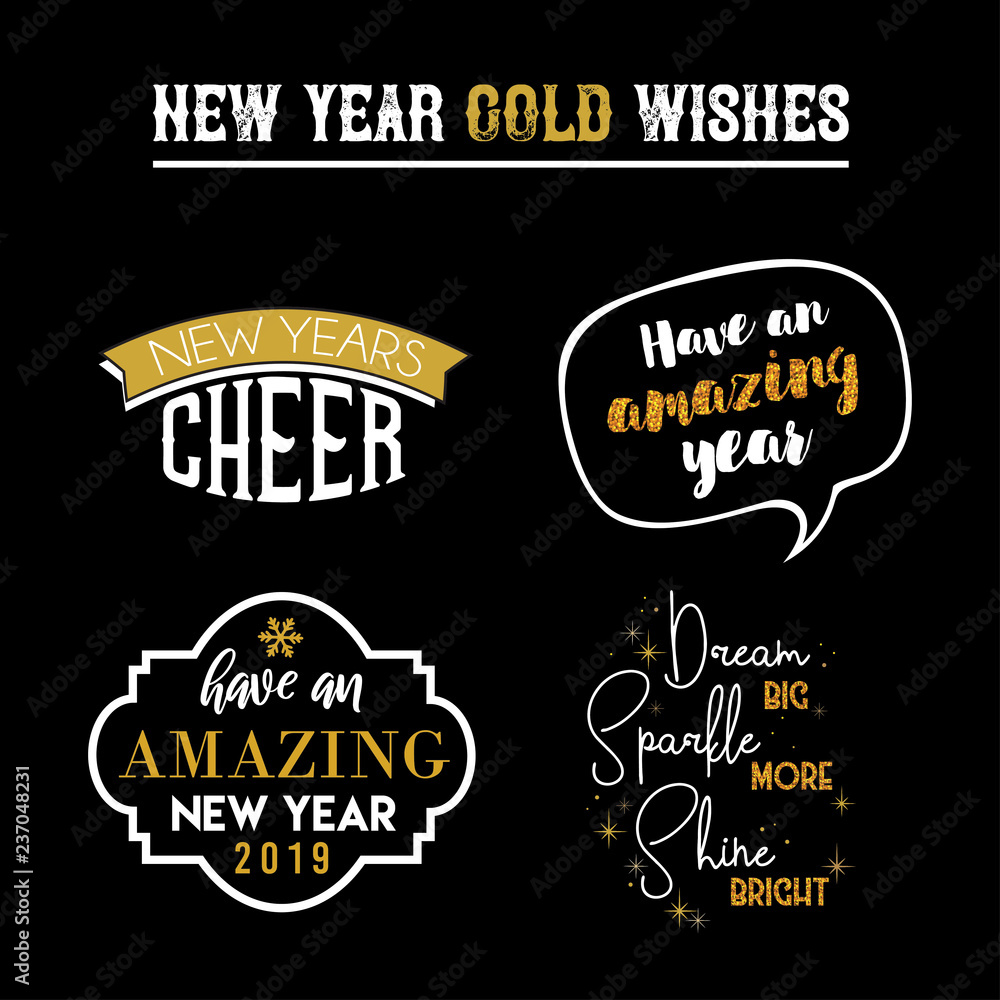 Happy New Year 2019 typographic emblems set. Vector logo, text design. Black, white and gold. Usable for banners, greeting cards, gifts etc. Happy New Year 2019 typographic emblems set. Vector logo, text design. Black, white and gold. Usable for banners, greeting cards, gifts etc.