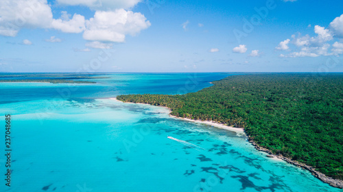 Aerial drone view of Saona Island in Punta Cana, Dominican Republic with reef, trees and beach in a tropical landscape with boats and vegetation © Duarte