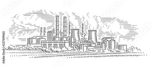 Industrial landscape line illustration. Nuclear power plant. Vector. 