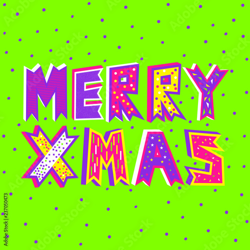 A vector illustration of Merry Christmas typography in UFO green on a decorative snowfall background