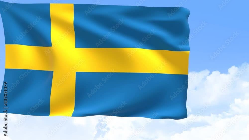Sweden flag in motion with sky and moving clouds behind. 3D rendering Sweden flag in motion with sky and moving clouds behind. 3D rendering