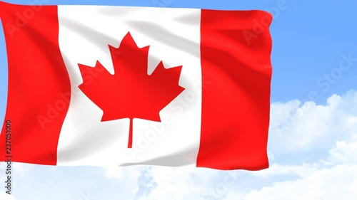 Canada flag in motion with sky and moving clouds behind. 3D rendering
