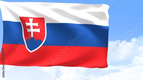 Slovakia flag in motion with sky and moving clouds behind. 3D rendering