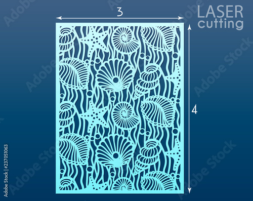 Laser cut panel template with pattern of seashells and stars. Decorative element for interior design in marine style. Wall or window panel, die cut embellishment. Cabinet fretwork screen.