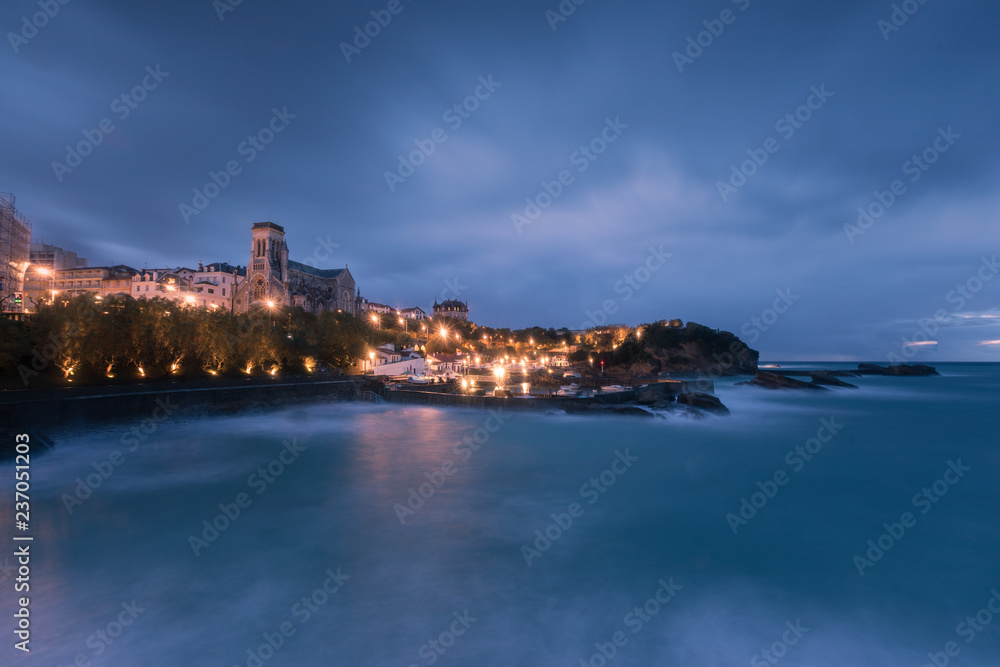 Biarritz coastline with the moving sea hitting the capital of the basque surf, at North Basque Country.