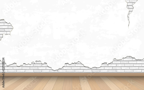 White old wall and parquet floor. Shabby cracked plaster. Repair in the home. Reconstruction or restoration of the room. Vintage interior background.