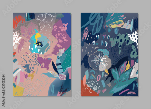 Collection of creative universal floral  artistic cards. Hand Drawn textures. Trendy Graphic Design for banner, poster, card, cover, invitation, placard, brochure, flyer. Vector