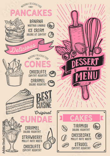 Dessert menu food template for restaurant with doodle hand-drawn graphic.