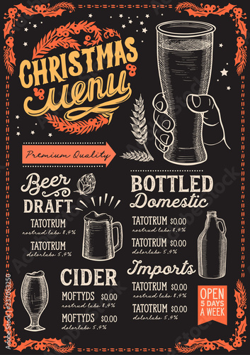 Christmas menu template for beer restaurant on a blackboard.