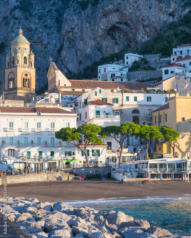 church and houses on Amalfi coast in the morning lights in Italy