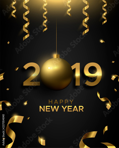 Happy New Year 2019 gold bauble number sign card