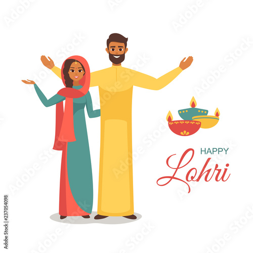 Indian family in the national dress opened arms with a wish of happy Lohri. Vector cartoon indian man and woman are embracing.