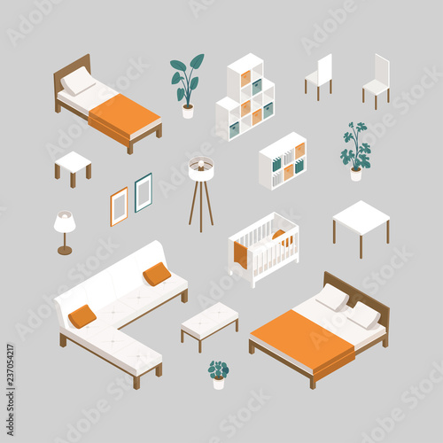 Set of furniture for bedroom, nursery, living room, kitchen in isometry. Furniture for interior design of residential and office premises: bed, sofa, couch,  table, plants, chair, wardrobe, lamp, cot