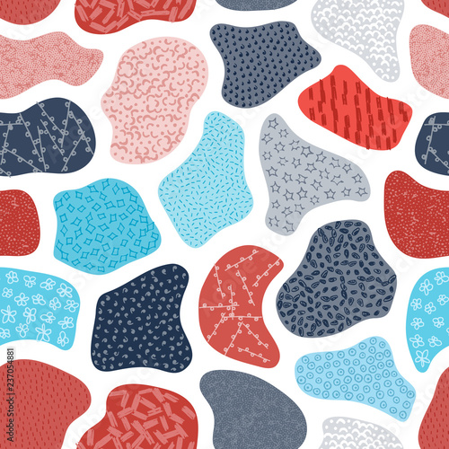 Vector seamless pattern with hand drawn abstract shapes. Textured figures. Unique design. Creative background. It looks like cloth scraps or pebbles. Wallpaper, textile, wrapping, print on clothes