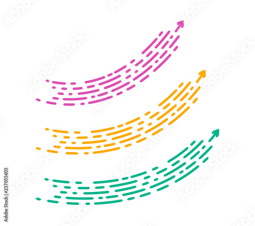Set Fashionable new arrow in a modern style. Pink, yellow and green dinamic line on white background. The movement of the lines to the up. Speed arrow symbol isolated vector illustration.