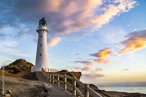 Travel New Zealand, North Island. Beautiful scenic landscape, panoramic view of Castlepoint Lighthouse. Tourist popular attraction/landmark in Wairarapa area.