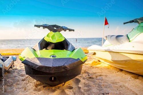 Canvas-taulu Jet ski front view parked on a white sandy Caribbean beach on the Riviera Maya,