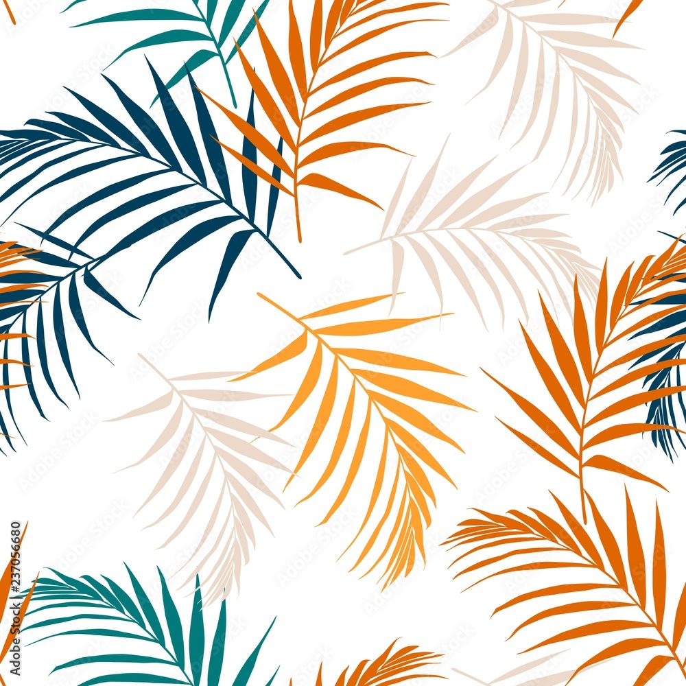 Fashion night style jungle pattern  seamless background. Bright colors palm leaves isolated on white background.