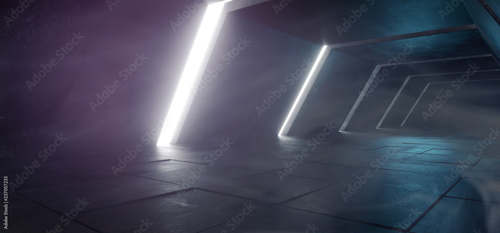 Spaceship Sci Fi Modern Futuristic Dark Foggy Concrete Reflection White Purple Blue Glowing Lights Empty Space For Text 3D Rendering