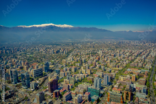 Gorgeous view of Santiago with a snowy mountain in the horizont viewed from Cerro San Cristobal, Chile