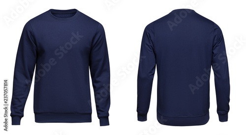 Blank template mens blue pullover long sleeve, front and back view, isolated on white background. Design sweatshirt mockup for print photo